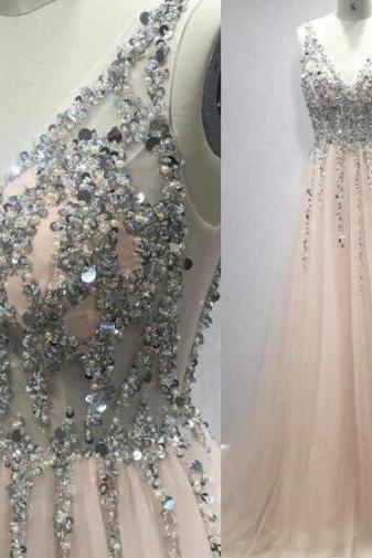 Deep V Neck Long Tulle Peach Prom Dresses With Sequins