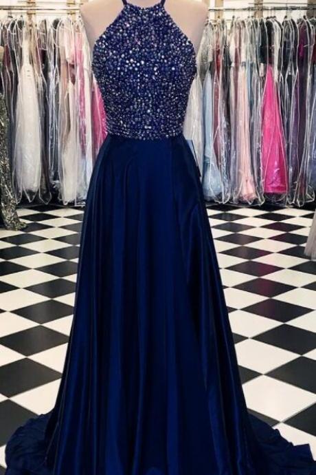 Halter Navy Blue Satin Prom Long Dresses With Beaded
