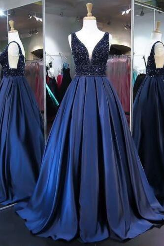 Elegant Navy Blue Long Prom Party Dresses With V Back