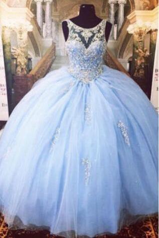 Crystal Prom Dresses,beaded Prom Dress, Ball Gowns Blue Quinceanera Dresses
