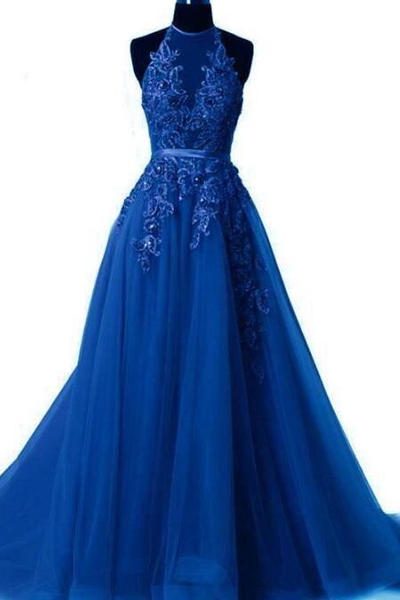 Elegant Modest Royal Blue Prom Dresses, Unique Party Dresses With Lace