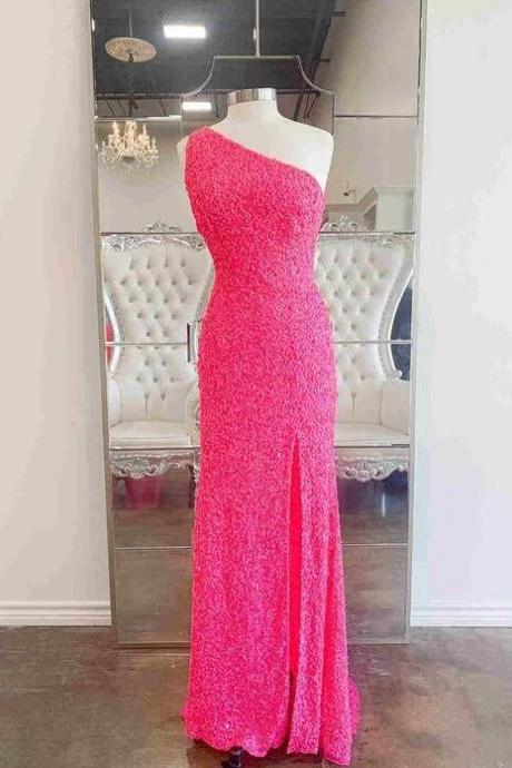 Simple One Shoulder Pink Sequined Prom Dress