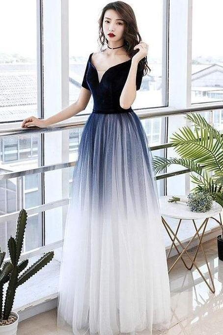 A Line Blue Tulle Long Prom Dress Evening Dress