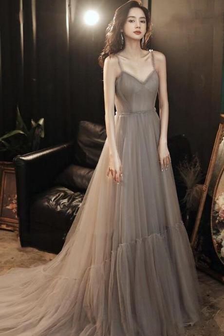A Line Stylish V Neck Tulle Long Prom Dress Evening Dress
