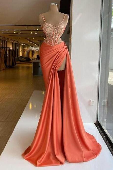 Mermaid Sheath Long Evening Dresses With Beading, Party Dresses