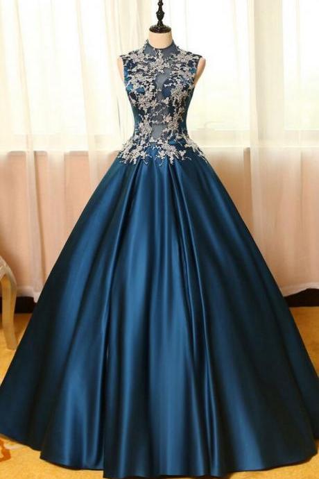 Ball Gown Blue Satin Lace Applique Long Prom Dress, Evening Dress