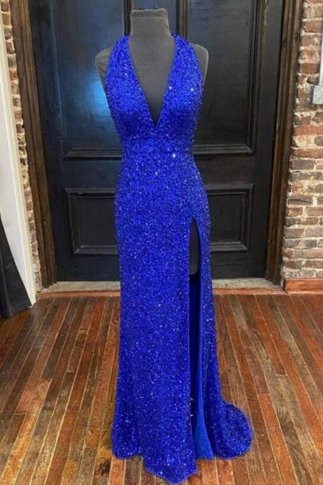 Sexy A Line Backless Royal Blue Sequins Prom Gown With Slit