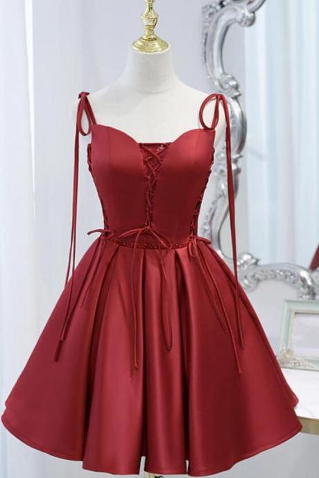 Cute Burgundy Satin Lace-up Short Prom Dress