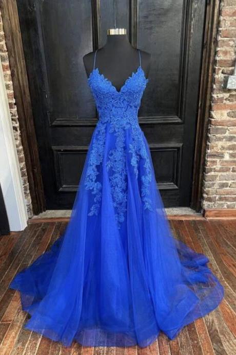A Line Blue V Neck Tulle Lace Long Prom Dress,formal Dress