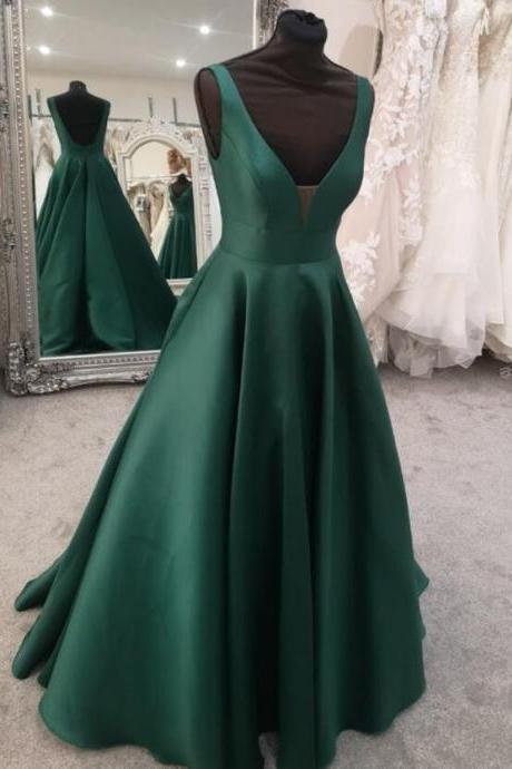 Open Back Green Satin V Neck Long Prom Dresses, Formal Evening Dresses