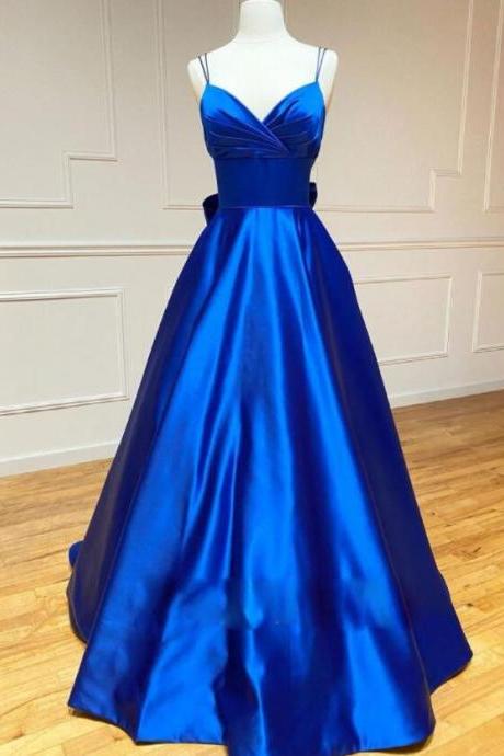 Simple Mermaid Blue V Neck Satin Long Prom Dress, Evening Dress