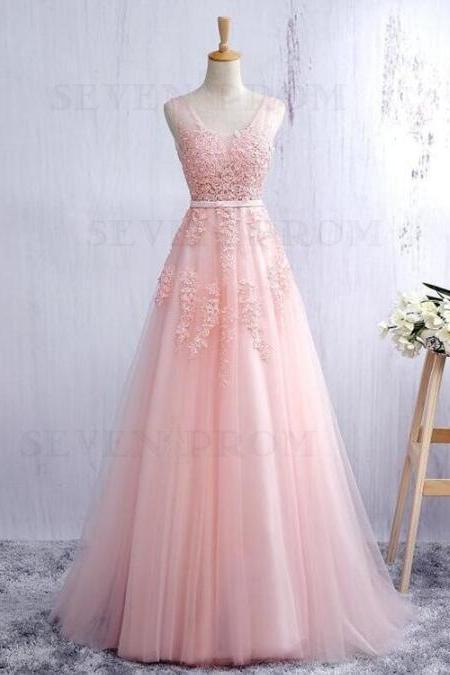 A Line Long Prom Dress With Lace Appliques