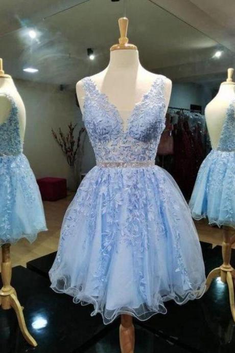 Backless Light Blue Lace Homecoming Dresse