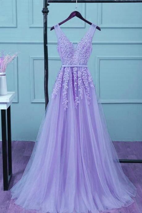 Light Purple Tulle Evening Dress With Lace