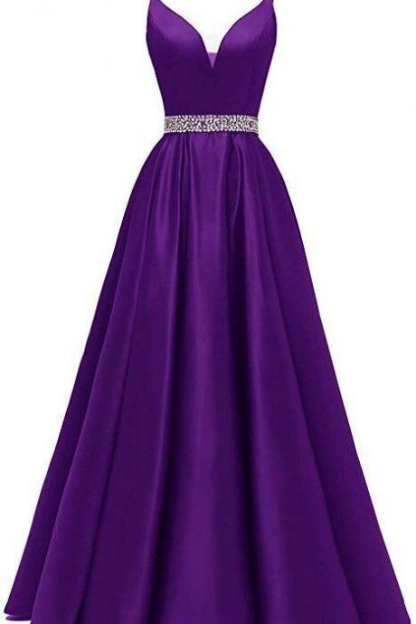 Spaghetti Long Beaded Prom Dress Satin Evening Gowns