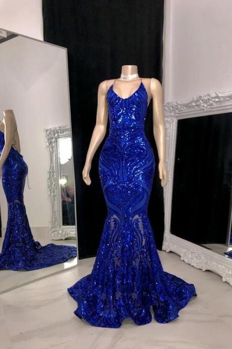 A Line Royal Blue Sequin Prom Dresses