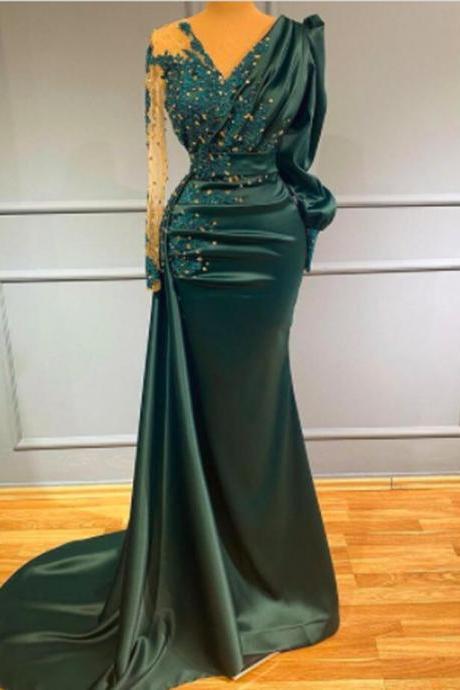 Mermaid A Line Stain Evening Dresses Long Sleeve With Beading