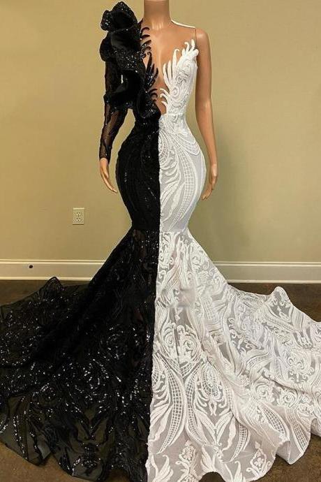 Mermaid Black And White Sequin Prom Dress