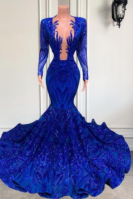 Vintage Royal Blue Mermaid Prom Dresses With Long Sleeve