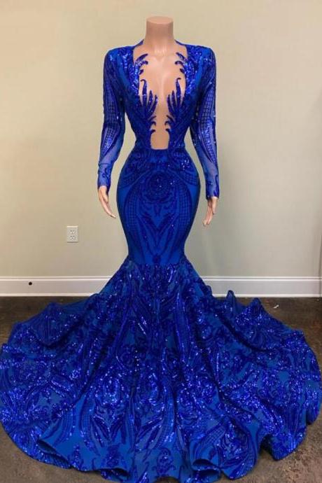 Deep V Neck Royal Blue Prom Dresses