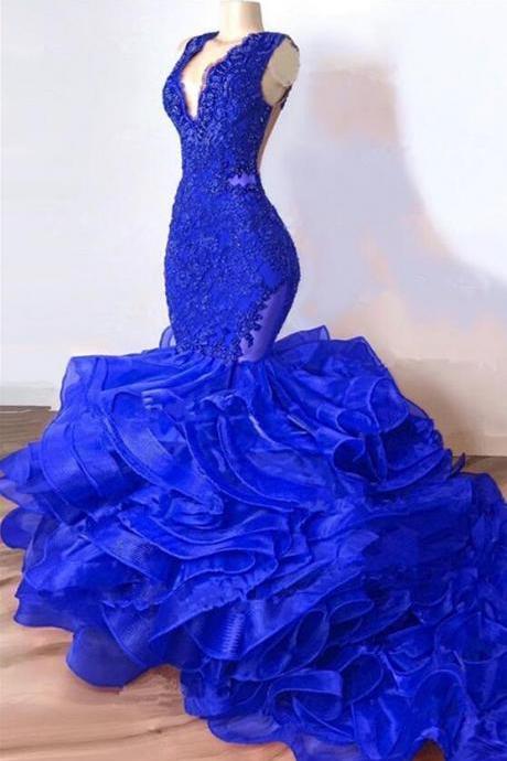 Mermaid Organza Royal Blue Prom Dresses