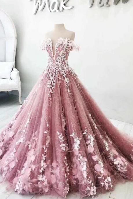 Ball Gown Off The Shoulder Prom Dresses With 3d Flowers