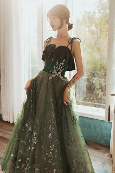 Straps A Line Tulle Prom Dresses With Top Velvet