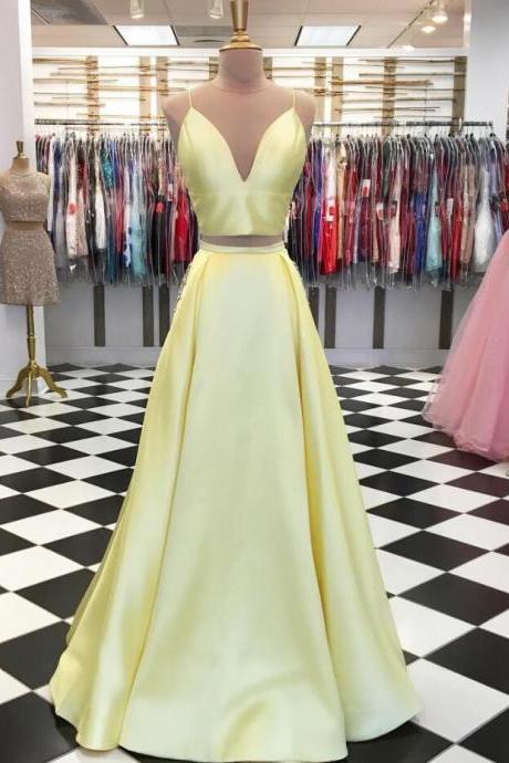 A Line 2 Piece Yellow Prom Dress