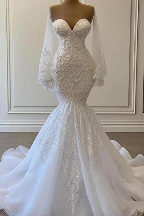 Mermaid White Wedding Dress With Lace