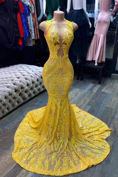 Sparkly Yellow Sequin Applique Evening Dress