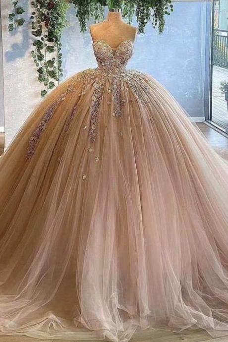 Champagne Ball Gown Prom Dress With Lace Applique