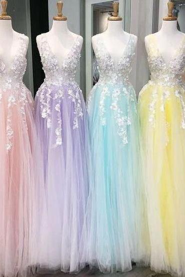 A Line Lace Applique V Neck Prom Dresses 2022 Prom Dresses