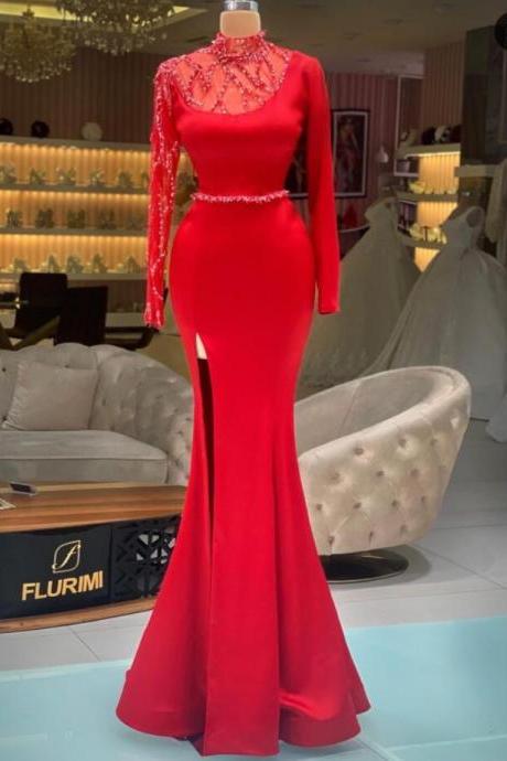 Modest Beaded Evening Dress, Red Prom Dress