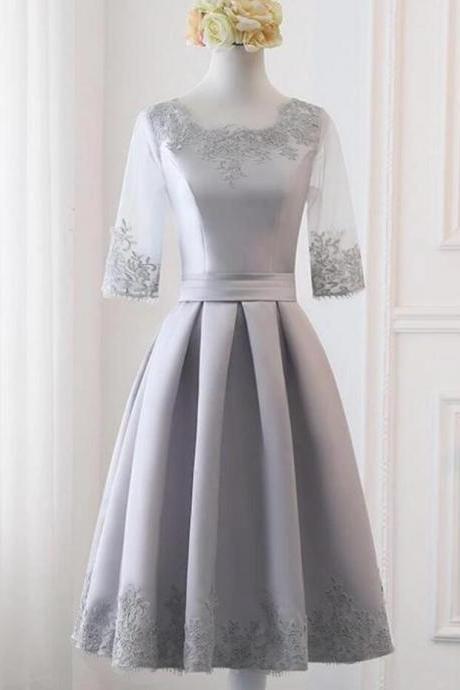 Simple Knee Length Grey Satin Short Sleeves Prom Dress