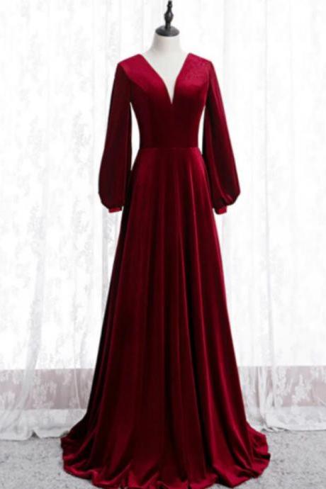 A Line Burgundy V-neck Long Sleeve Long Prom Dress