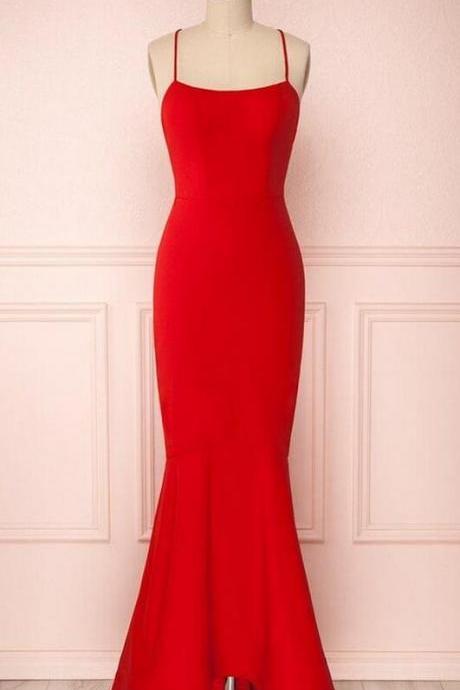 A Line Straps Red Cross Back Prom Dress