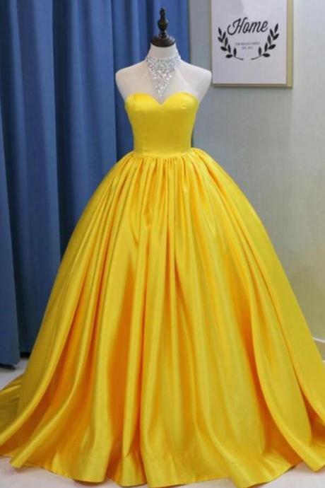 High Neck Ball Gown Prom Dress With Beading, Long Halter Quinceanera Dress