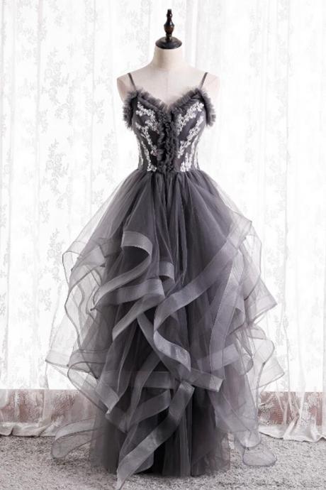 A Line Gray Tulle Lace Long Ball Gown Formal Dress
