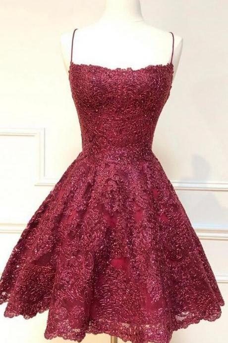 A Line Burgundy Lace Short Prom Dress