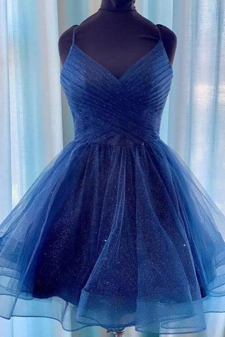 Cute Blue V Neck Tulle Short Prom Dress