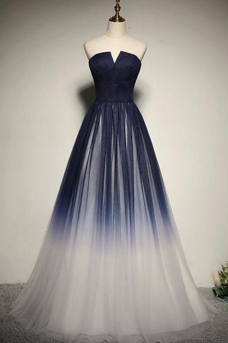 Simple Unique Blue Ombre Tulle Long Prom Dress