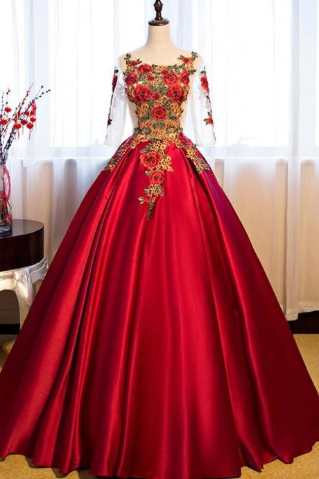 A Line Ball Gown Stain Prom Dress Formal Dress With 1/2 Sleeve