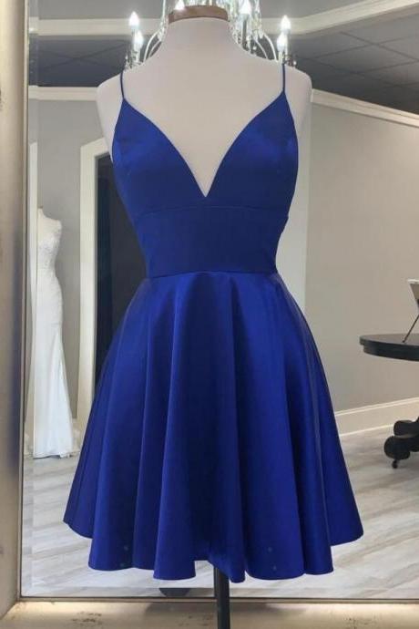 Cute Royal Blue V Neck Short Hoco Party Dress