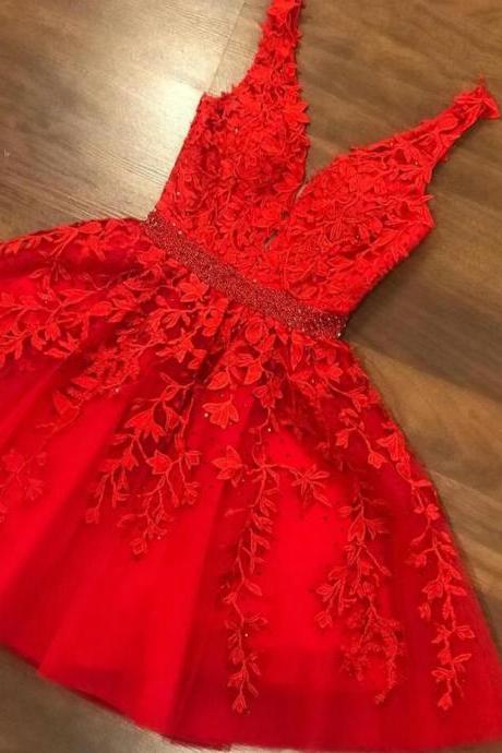 Sexy V Neck Red Short Junior Prom Dresses For Hoco Party
