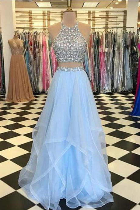 Light Blue Prom Dresses With Pearls Beade Two Piece Prom Dress