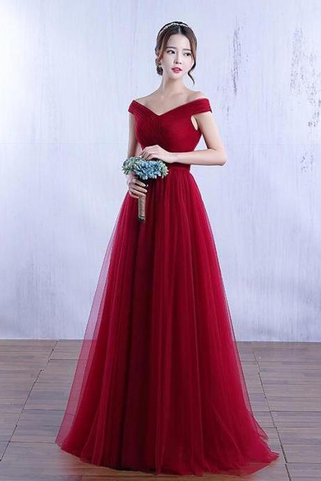 Off Shoulder Dark Red Tulle Long Prom Dresses