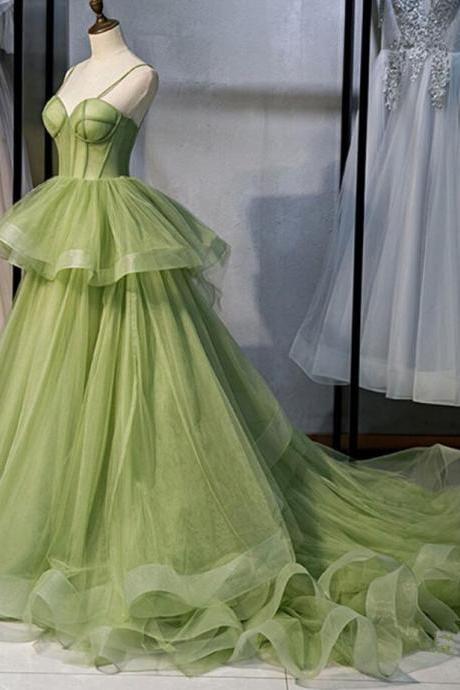 Spaghetti Straps A-line Tulle Green Prom Dresses