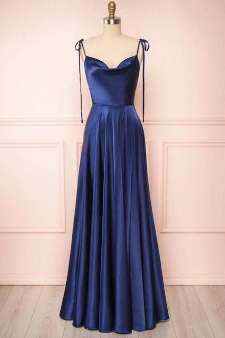 A Line navy blue stain prom dresses