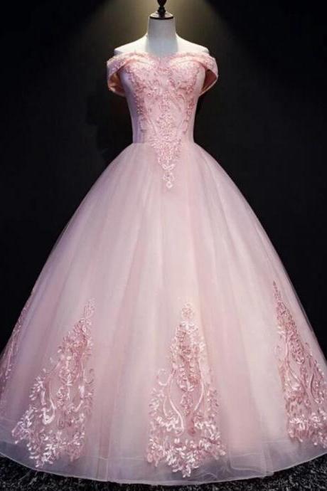 Off Shoulder Ball Gown Pink TUlle Prom Dress