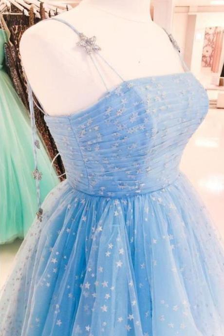 A Line blue long prom dress with silver stars